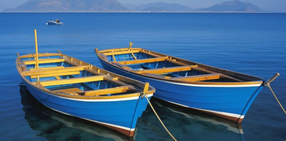 Serene Blue Boats at Mountain Lake